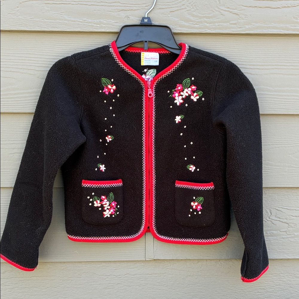 Hanna Andersson Black Fleece Jacket with Pink Trim & Floral Embroidery